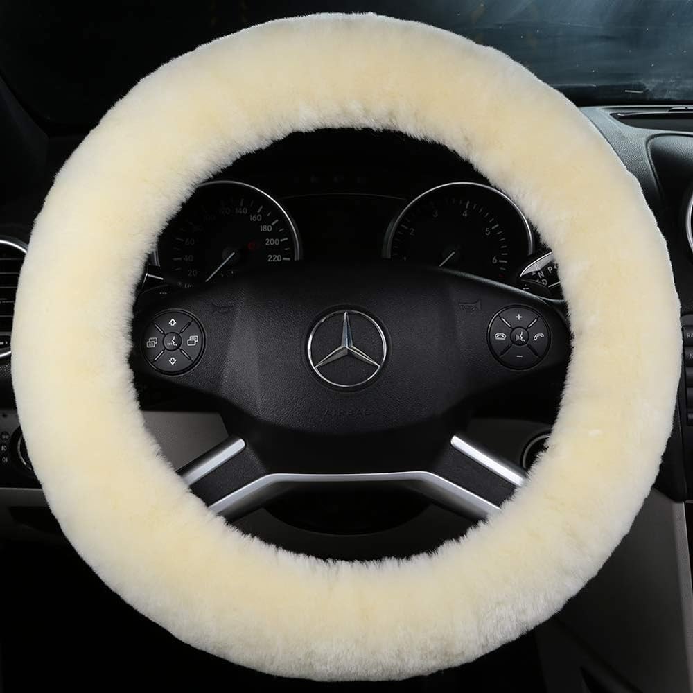 OGLAND Fluffy Natural fur Wool Skin Skin Car hand handle cover Universal steering wheel 35cm ~ 42cm Non -slip, comfortable, luxurious, soft texture (cream white)
