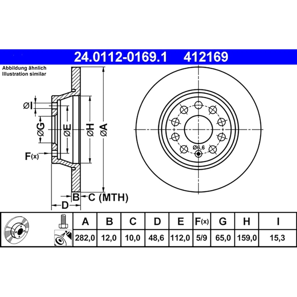 ATE AUDI 1K0615601AD A412169 Brake Disc Rotor (Rear) Pair of 2