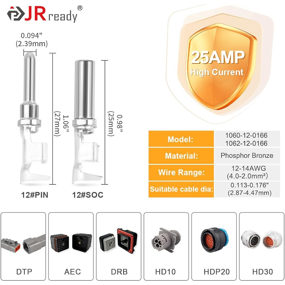 JRREADY ST6283 44 DTP connector 2 pins with 12 sets with 12 sets of German size 12-14AWG (2.0-4.0mm²) 2 Pin waterproof connector kit DTP04-2P/dtp06-2S 25 Ampare
