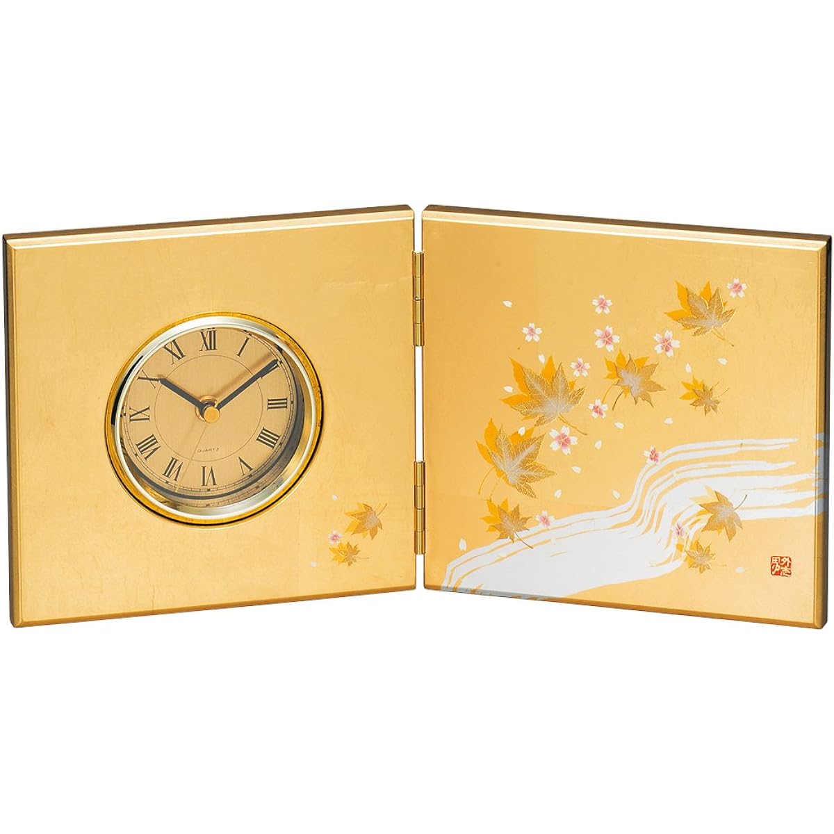 Nakatani Brothers Company Yamanaka Lacquerware Folding Screen Clock (Medium) Gold and Silver Leaf Hanakasumi 33-4208