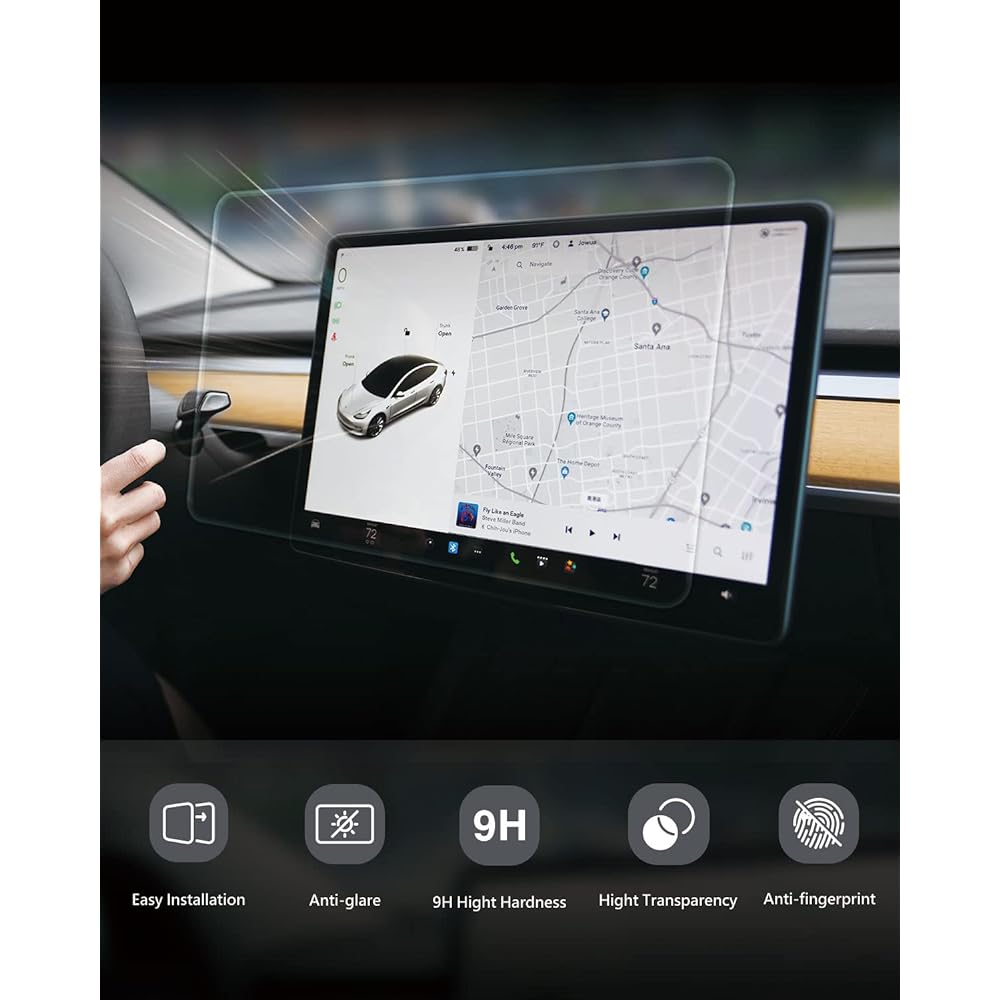 JOWUA Tempered Glass Screen Protector for Tesla 2021-2023 Model 3 / 2021-2024 Model Y Dashboard Touch Screen 9H Tempered Glass Anti-Glare Anti-Fingerprint with Auto Alignment Frame Crystal Clear