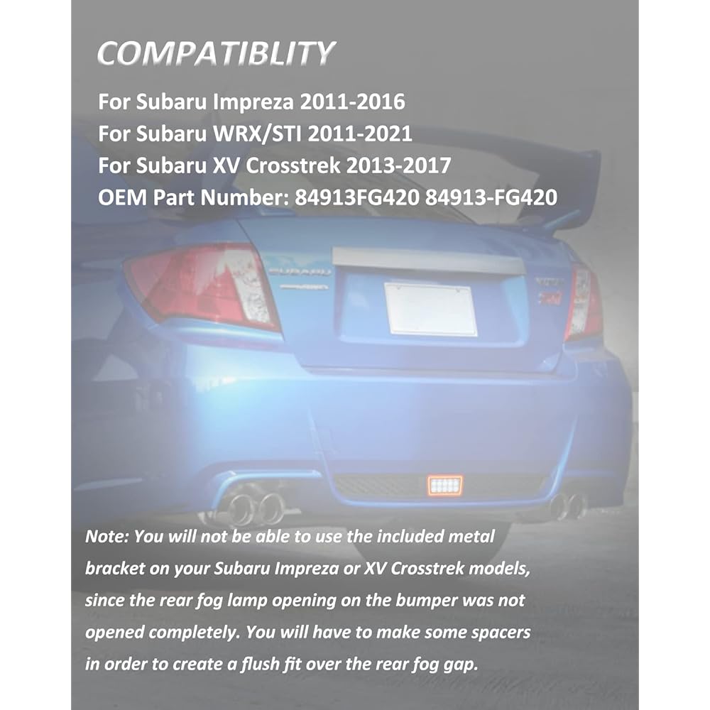 BestView 5 in 1 LED Rear Fog Light Assembler Kit 2011-2021 Subaru WRX STI Impreza XV Compatible Tail Brake Backup Reverser Winker Function (Smoke Lens)