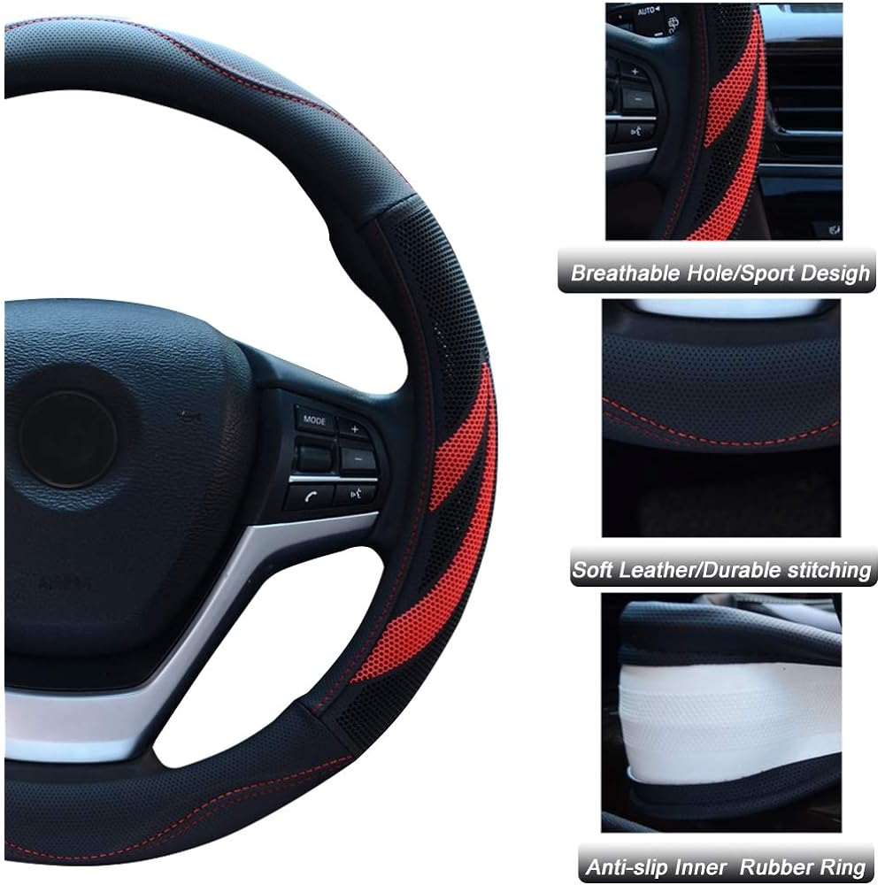 Alusbell Microfiber Leather Steering Wheel Cover Breathable Auto Car Steering Wheel Cover for Men Universal 15 Inches Red