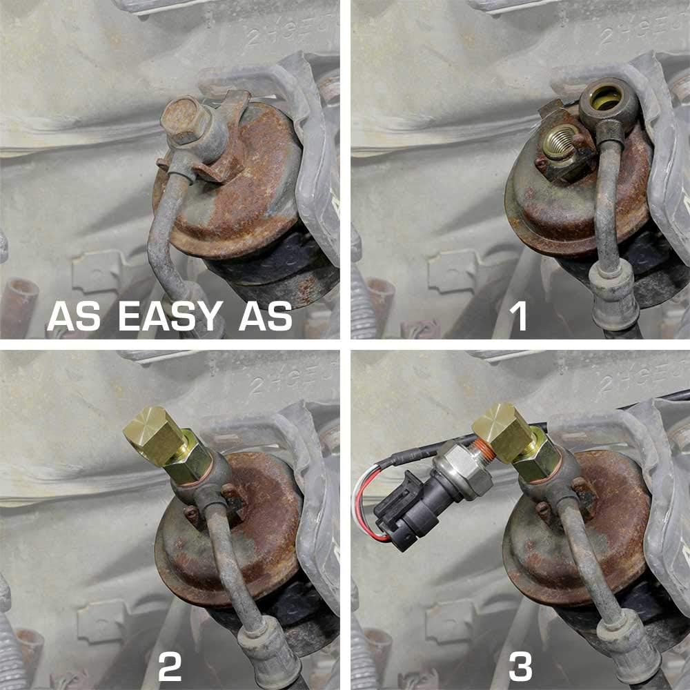 GLOWSHIFT fuel pressure banjo bolt sensor adapter Honda & Acura fuel filter housing 90 degree thread adapter & bronze crash washer