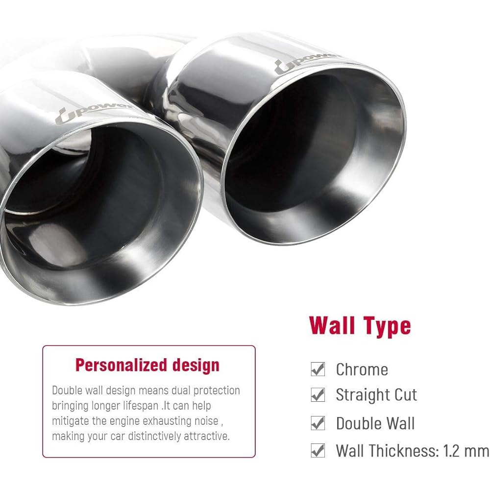 UPOWER 2.5 inches to 3.5 inch dual exhaust tip 2 1/2 inch inlet 3 1/2 inch outlet 9.5 inch glossy stainless steel exhaust tip tip thickness 1.2mm double wall tilt edge car truck