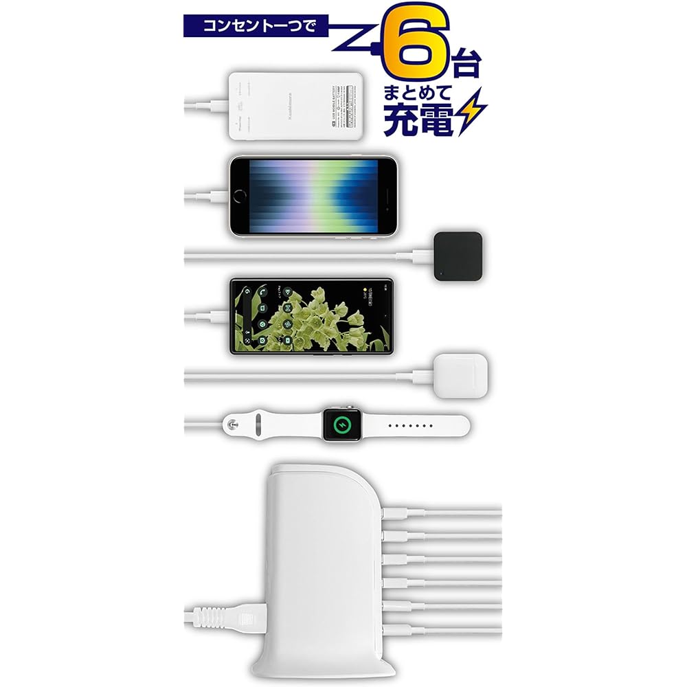 Kashimura Type-C2 Port/Reversible USB-A4 Port AC Charger Max 40W Tower Type Automatic Identification IC Equipped NAC-044 White