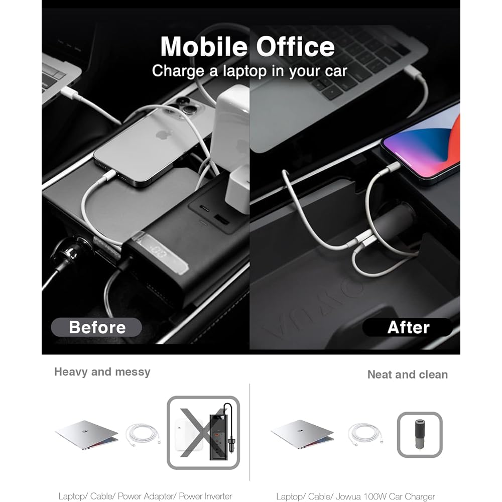 JOWUA 100W Car Charger Compatible with Tesla Model 3/Y/Model X Plaid/Model S Plaid Dual USB-C PD 3.0/USB-A QC 3.0 Multi-Professional Safety System
