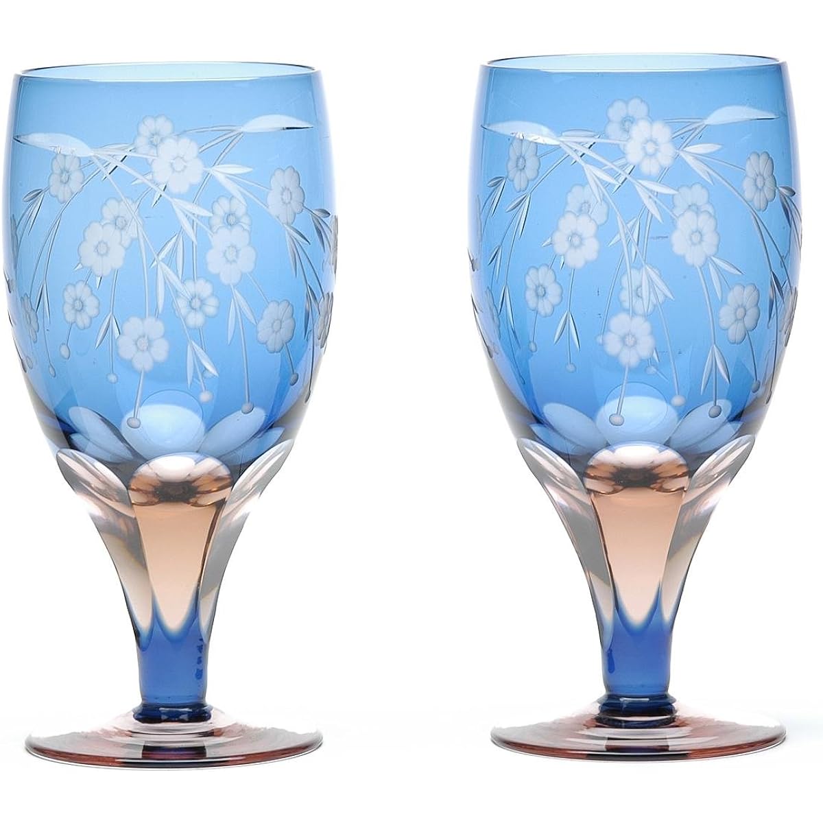 Edo Kiriko Glass Workshop Saiho Cherry Blossom Pattern Pair of Beer Cups with Foot M-64-2BP