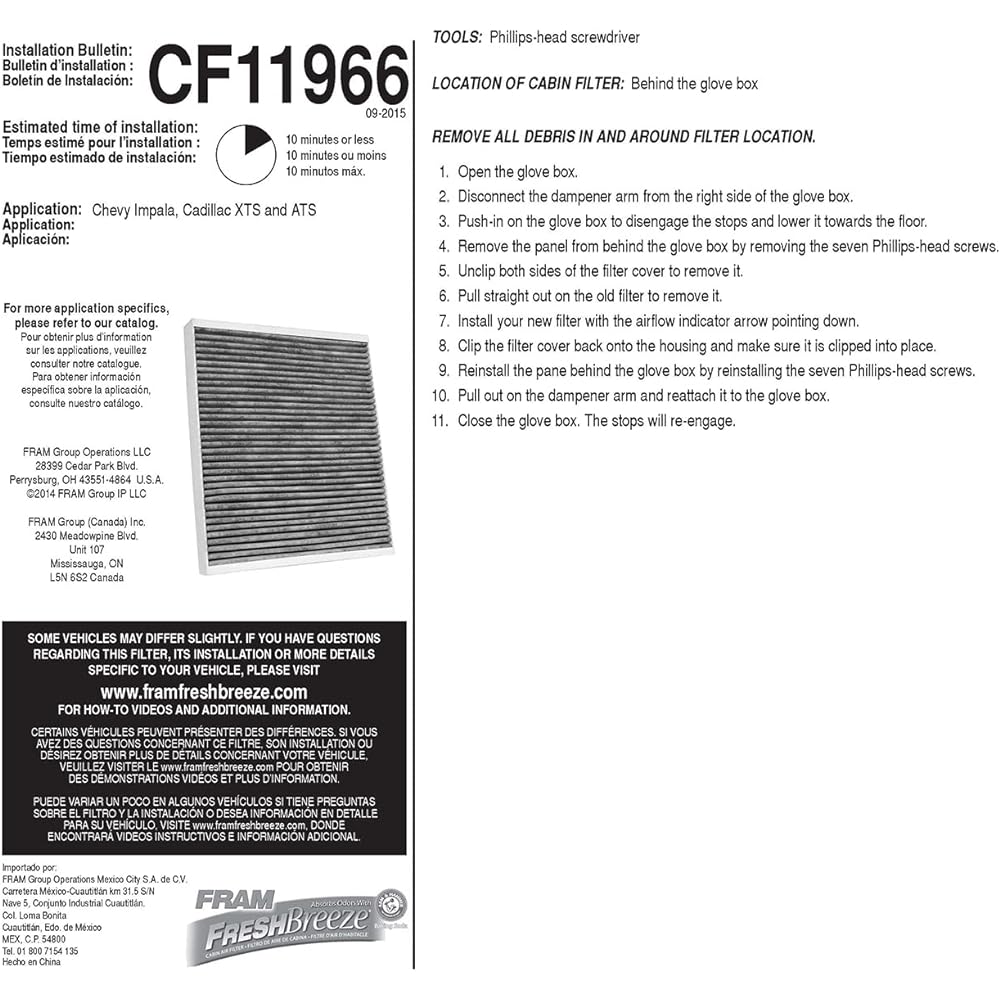 Fram Fresh Breeze Cabin Air Filter Arm & Hammer Baking Soda CF11966 Buik Cadillac Chevrolet GMC Car White