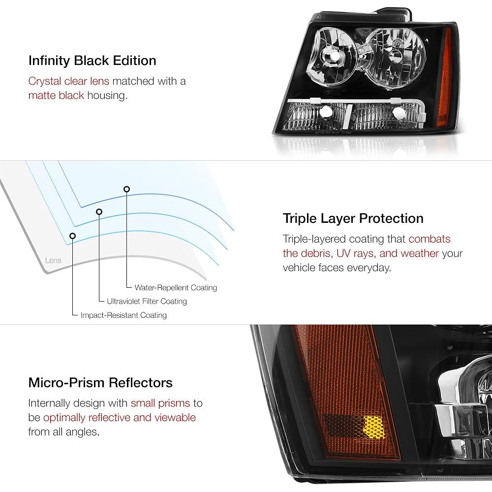 VIPMOTOZ Black Housing OE Style Head Light Head Lamp Acembris 2007-2014 Chevrolet Avarante Taho Subarban 1500 2500 Ride seats & passenger seat side