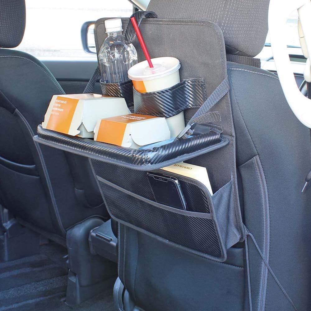 Napolex Fizz Car Rear Seat Tray, Seat Back Table, Antibacterial and Deodorizing Treatment, Storage, Convenient Goods, Foldable, Angle Adjustable, Wide Size, Easy to Install on Headless, Large Capacity Pocket, Carbon Style, Car Supplies Fizz-1120