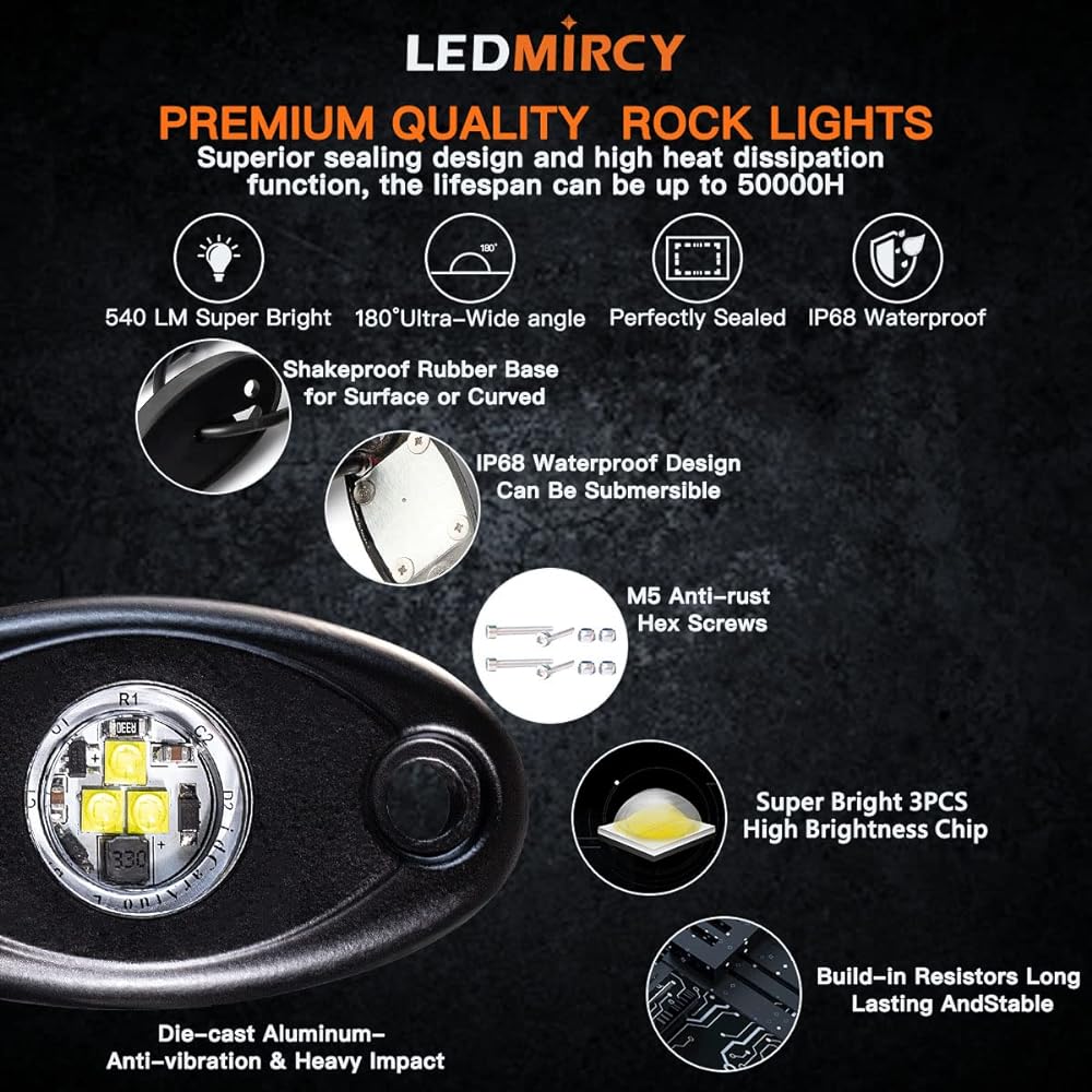 LEDMIRCY R1 LED Pure White Rock Light 16 pieces Jeep Track RZR Off -Road Boat Car ATV UTV UTV Under Glow Trail TRAI Rig Light Under Body Neon Light High Power Waterpower Waterproof resistance