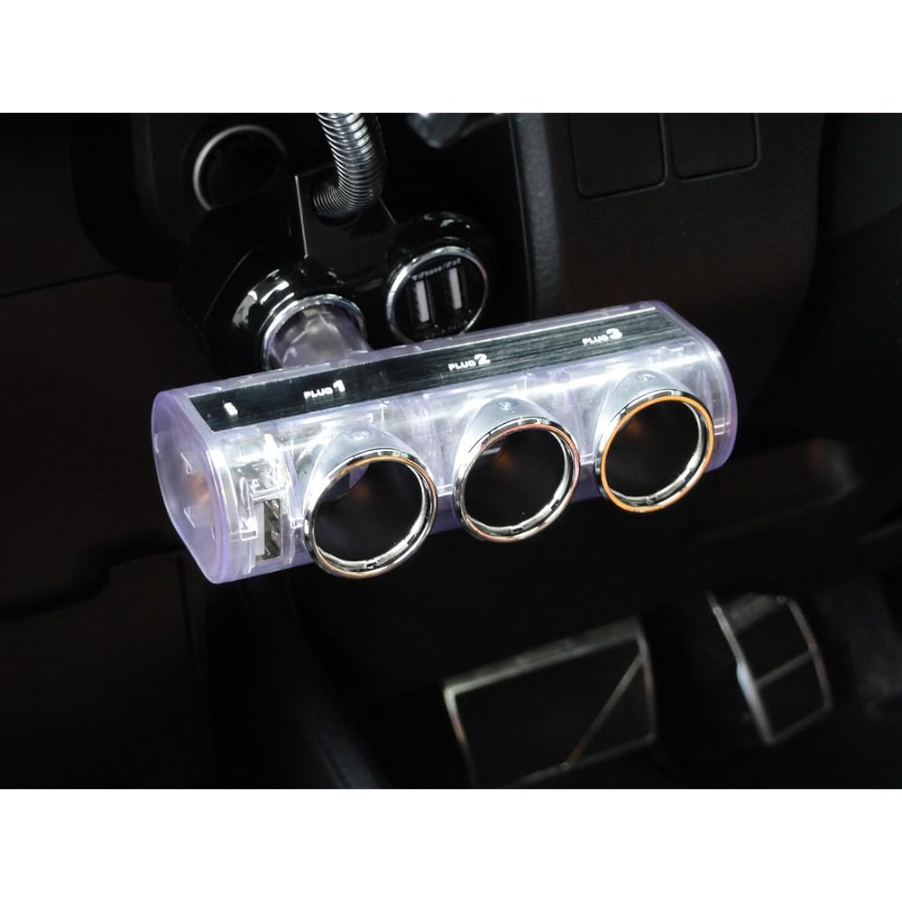 Procyon Cigarette Socket 3 Rows Blue Emission USB 1 Port Max 2.4A/5V 12V/24V Car DL-31