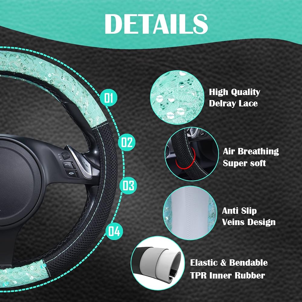 CAR PASS Steering cover handle cover Universal lace Leather ladies (1 piece, mint) ZT-0068