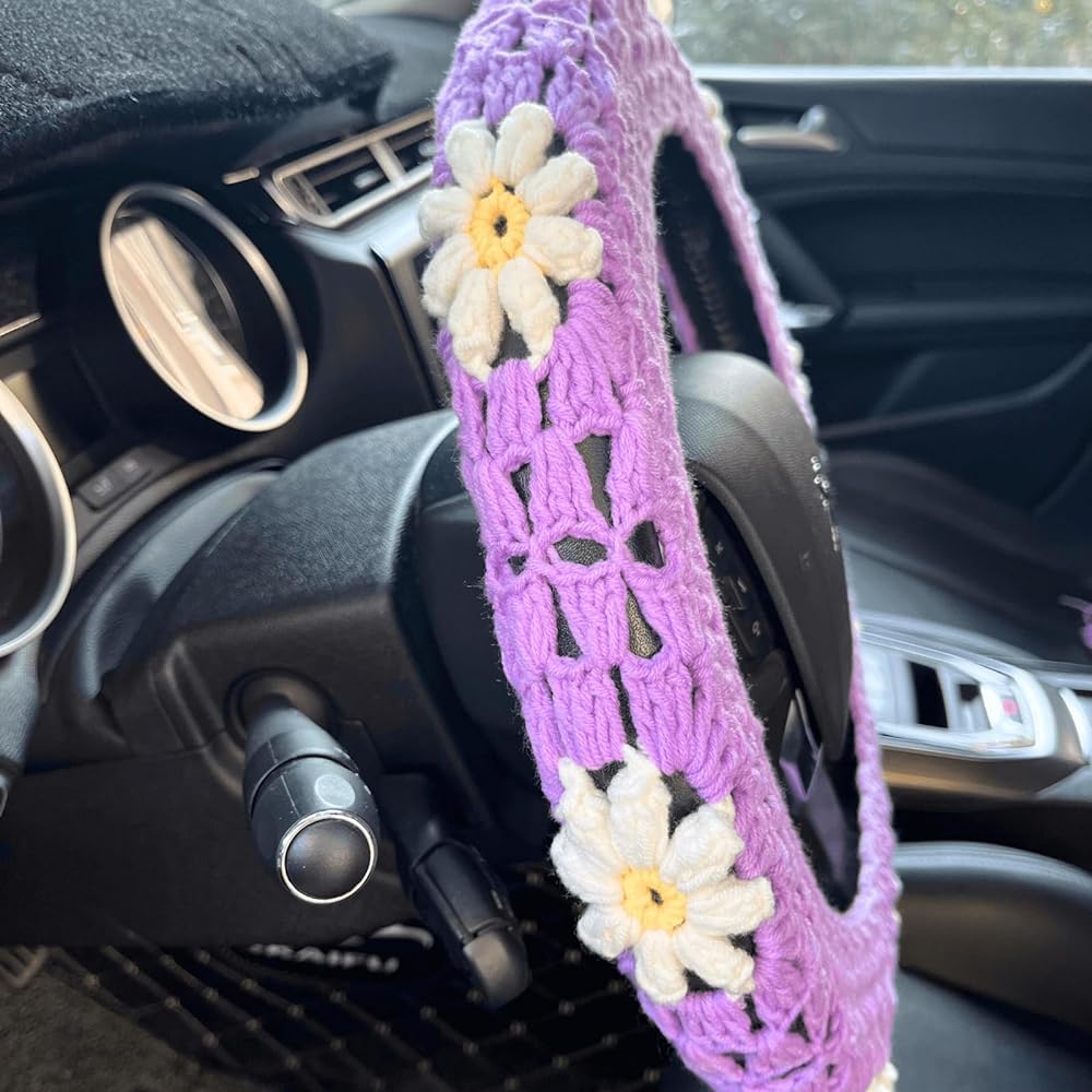Kag needle handle cover set Cute car handle cover Boho 14-15 inch Handmade Daisy Square Pattern Gift Ladies Car Accessories (Wheel Cover)
