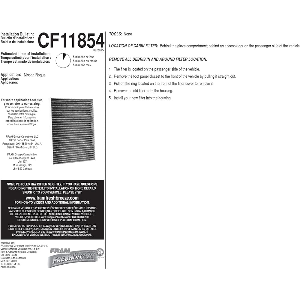 Fram Fresh Breeze Cabin Air Filter Arm & Hammer Baking Soda CF11854 For Nissan