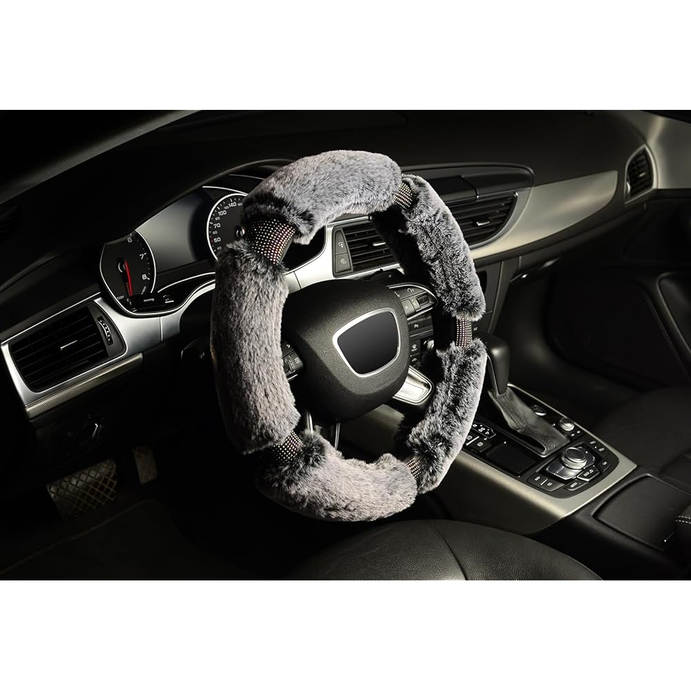 Kafeek Diamond fluffy microfiber plush handle cover with glittering crystal rhinestone Warm universal 15 -inch fuzzy handle cover gray