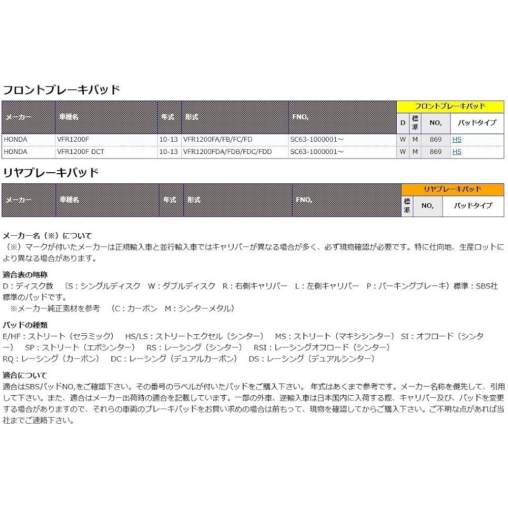 KITACO SBS Brake Pad 869HS Sinter Metal VFR1200F 777-0869020
