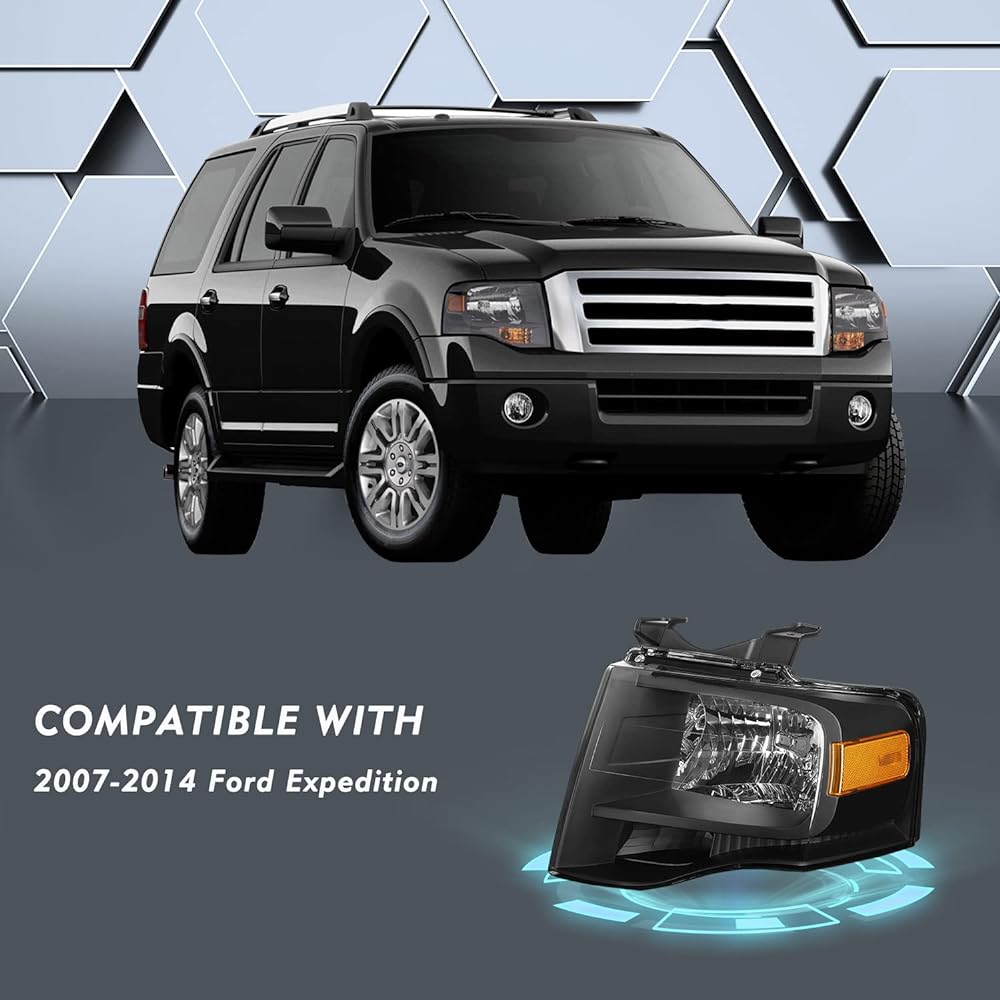 TUSDAR Headlight Assembly Set 2007-2014 Ford EXPEDITION driver & passenger seat side side (with black housing amber reeflex)