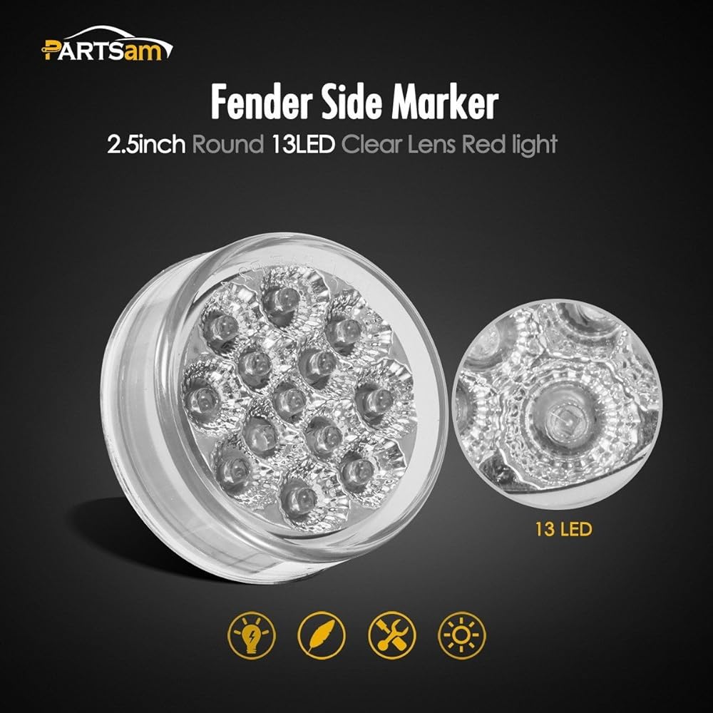 PARTSAM Minira Flex Red Red Clear Lens Side Indicator LED Marker Clearance Track Light 2 Standard Pins Sealed Facet 2.5 inch Round LED Trail Light ID Light Light Light Light 13 Diode Light