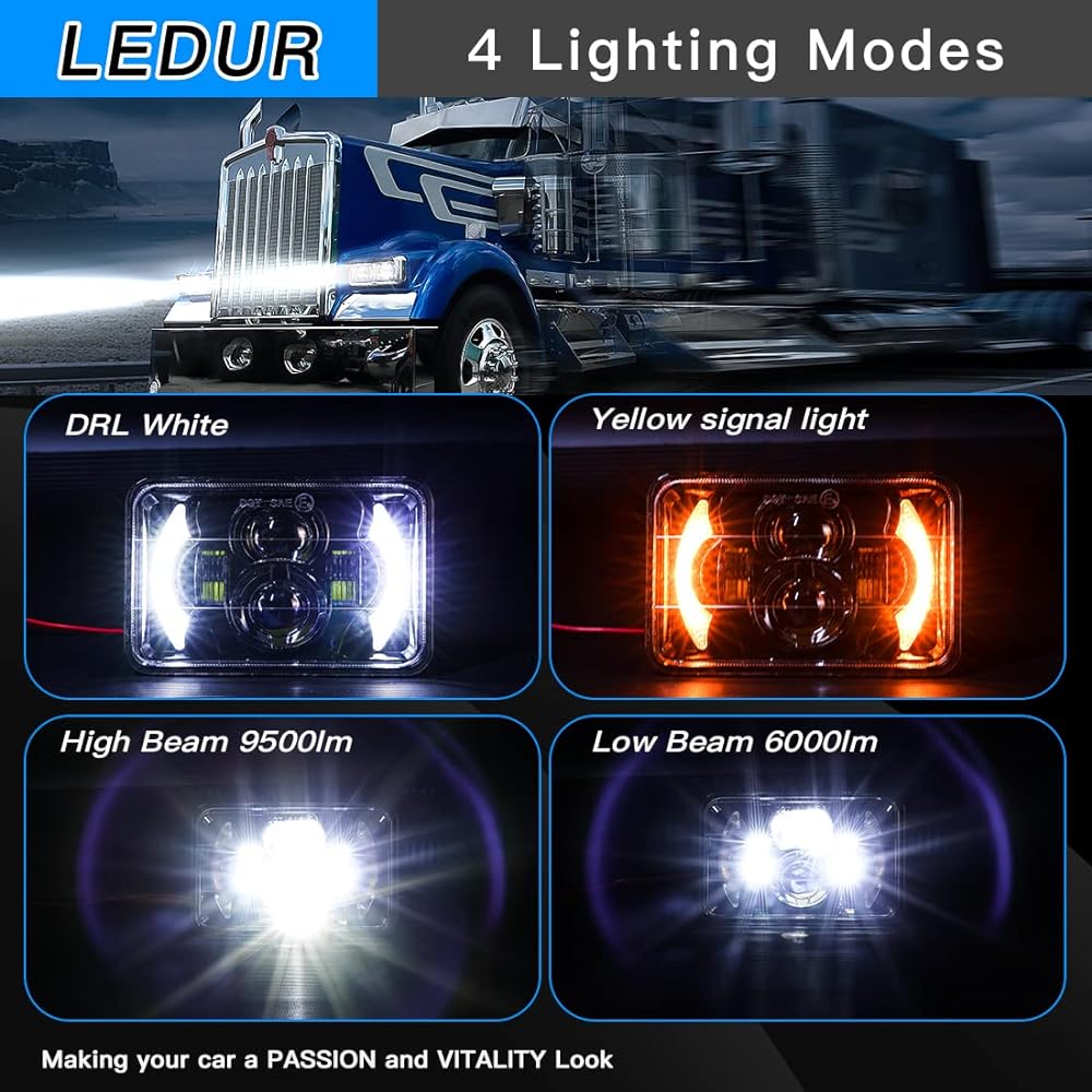 LEDUR 4X6 LED headlights 4 pieces HI/LO DRL Signal Black Track Rectangular LED headlight replacement parts H4652 H4656 H4656 H6545 KENWORTH FREIGHTLINE.