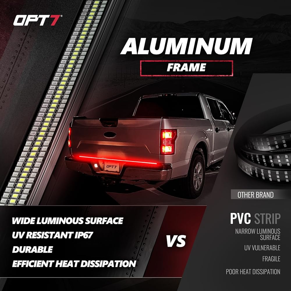 OPT7 60" Red Line 3 Row LED Tailgate Light Bar with Sequential Red Turn Signal - Weather Resistant Hard Aluminum Frame Light Strip for Trucks - No Drilling - Full Function Reverse Brake Running