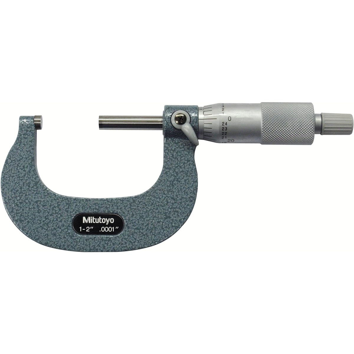 Mitutoyo (Mitotoyo) outer micrometer with baking enamel finish ratchet stop 1-2 inch range 0.00 inch range ± 0.00 inch accuracy angle frame with angle 103-262