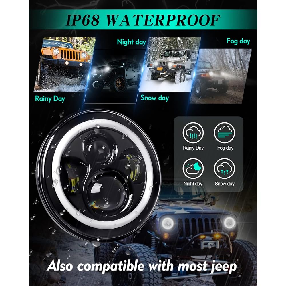 ZIMABLUE 7 inch LED headlight round 2 projectors 7 inch halo LED headlights H6024 DOT approval HI/LO BEAM DRL Amber Winker Galangler JK TJ CJ compatible Chevrolet and Miata