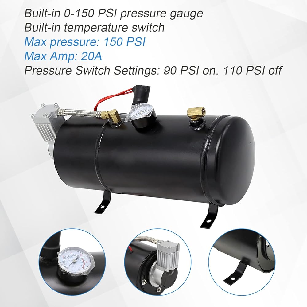 LDMINDA 150DB 4 Trumpet Train Horn Kit 150PSI 12V Air Compressor Air Horn Compressor Tank Vehicle Track or SUV