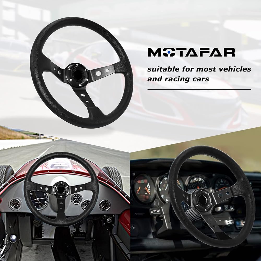 MOTAFAR Universal Racing Steering Wheel 13.6 inch 6 Bolt Grip Vinyl Leather Deep Dish Horn Race/Rally/Motor Sports (Black)