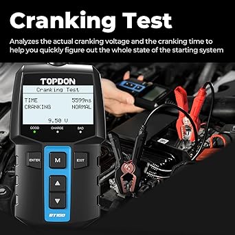 TOPDON Automotive Battery Tester 12V load tester BT100 100-2000 CCA Automotive alternator tester digital automatic battery analyzer charging system tester car track an ATV Boat boat yacht Yacht