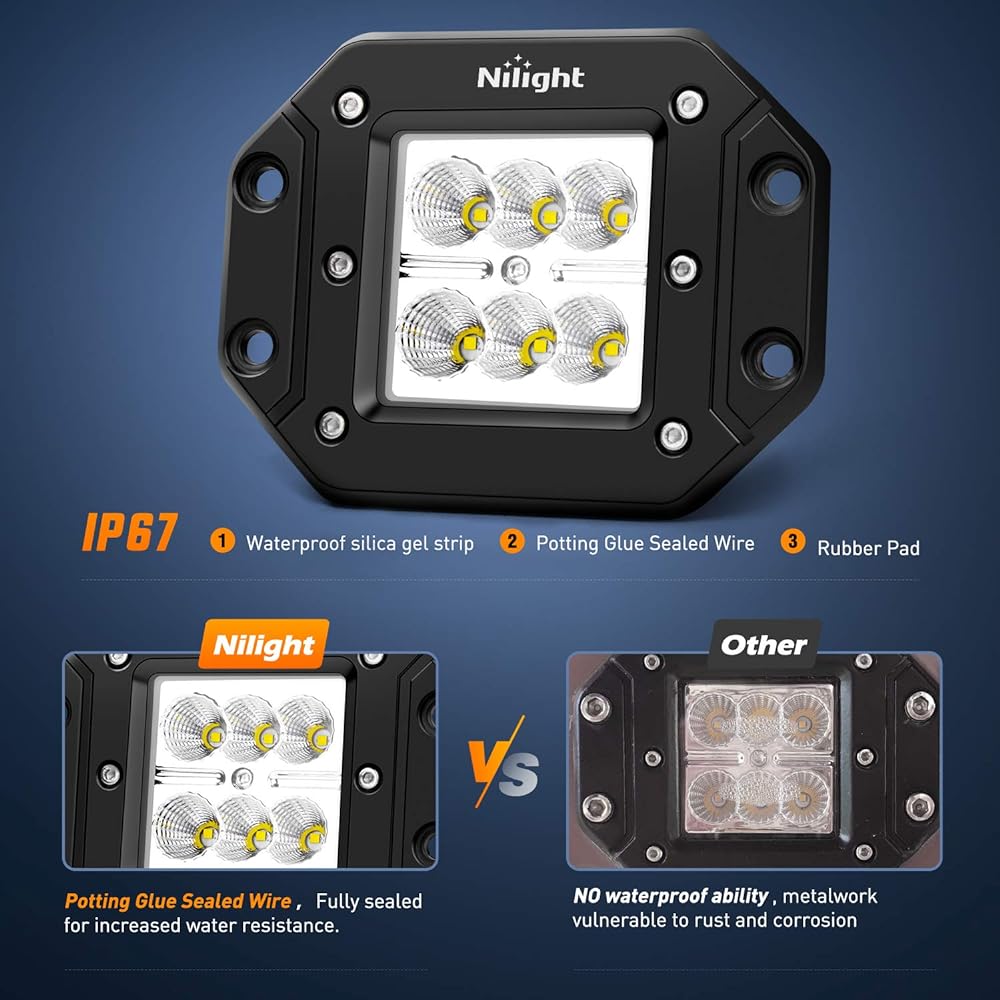 NILIGHT 2 pieces 18 W Flood LED Work Light Driving Light LED Light Bar Off Road LED Light Flash mount for Jeep Truck Tambam Bumper ATV UTV, 2 -year warranty