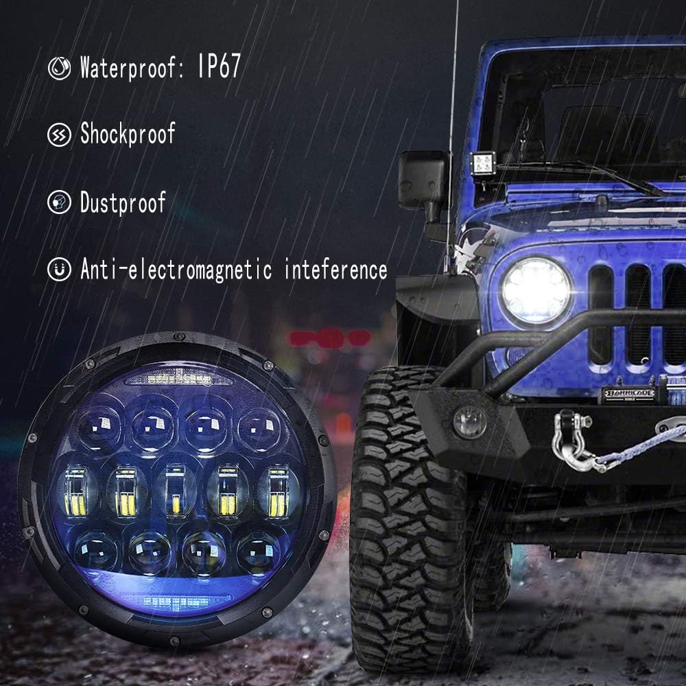 130W 7 -inch Round LED Headlight Blue Lens White DRL and Amber Turn Signal High Lo Beam Greplangler JK JK JK JKU TJ CJ headlamp Hummer H1 H2 compatible (2 pieces)