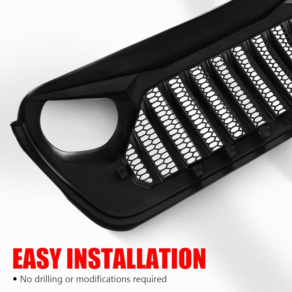 DKMGHT Front grill glossy black grilled grid jeplangler JL JLU 2018, 2019, 2020, 2022 Geeprangler JT (glossy blackfury)