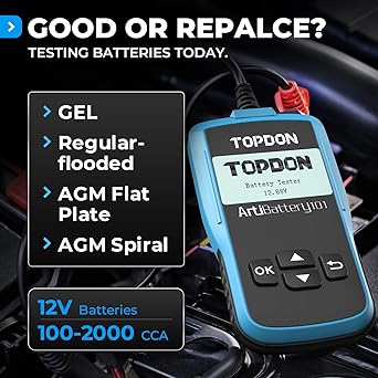 TT TOPDON Car Battery Tester -12V Car Battery Road Tester Cranking Charging System AB101 100-2000 CCA Alternator Analyzer / SUV / Light Track Inundated AGM Gel Type