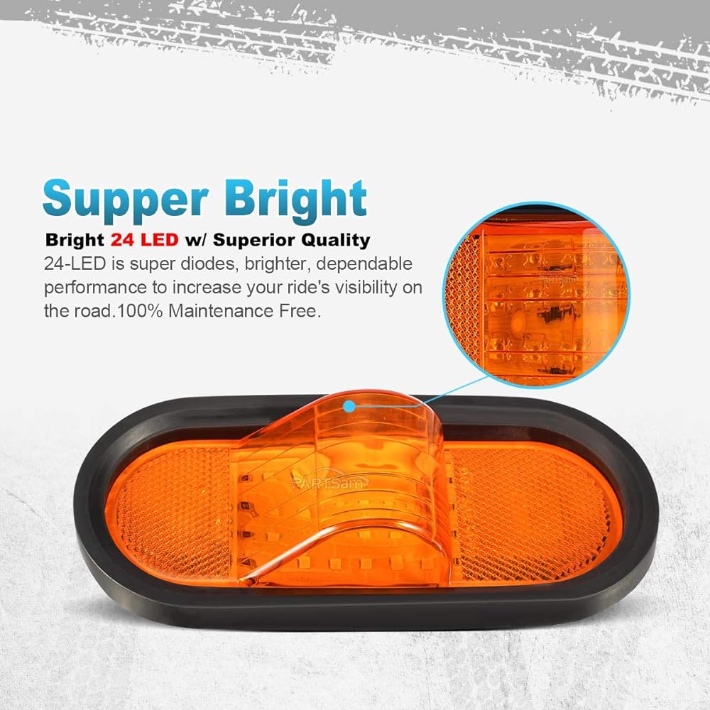 PARTSAM 2 pieces 6.5 inch Midal Marker Signal Marker Light Rubber Mount LED24 Reflective Lens Universal Waterproof 6 inch elliptical LED Marker Winker Semi -Truck Trail Light