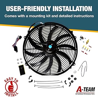 A-TEAM Performance 140041 16 inch electric radiator cooling fanwide S curve 10 blade thermostat kit