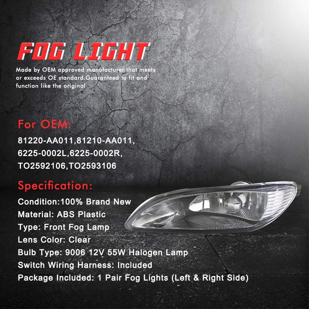 Driving fog light lamp replacement Toyota Kamri 2002-2004 Corolla 2005-2008 Solara 2002-2003 9006 12V 55W 55W Halogen bulbs & switches and wiring kit 81220-AA011 81210-AA0112 (Clear Lens)