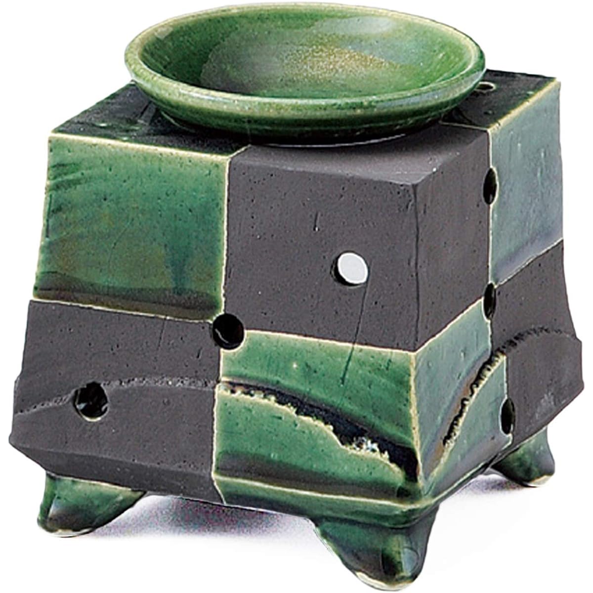Yamaki Ikai Candle Tea Incense Burner Oribe Black Ichimatsu F-1612/Y-1622 Green 11.5 x 11.5 x Height 11.5cm