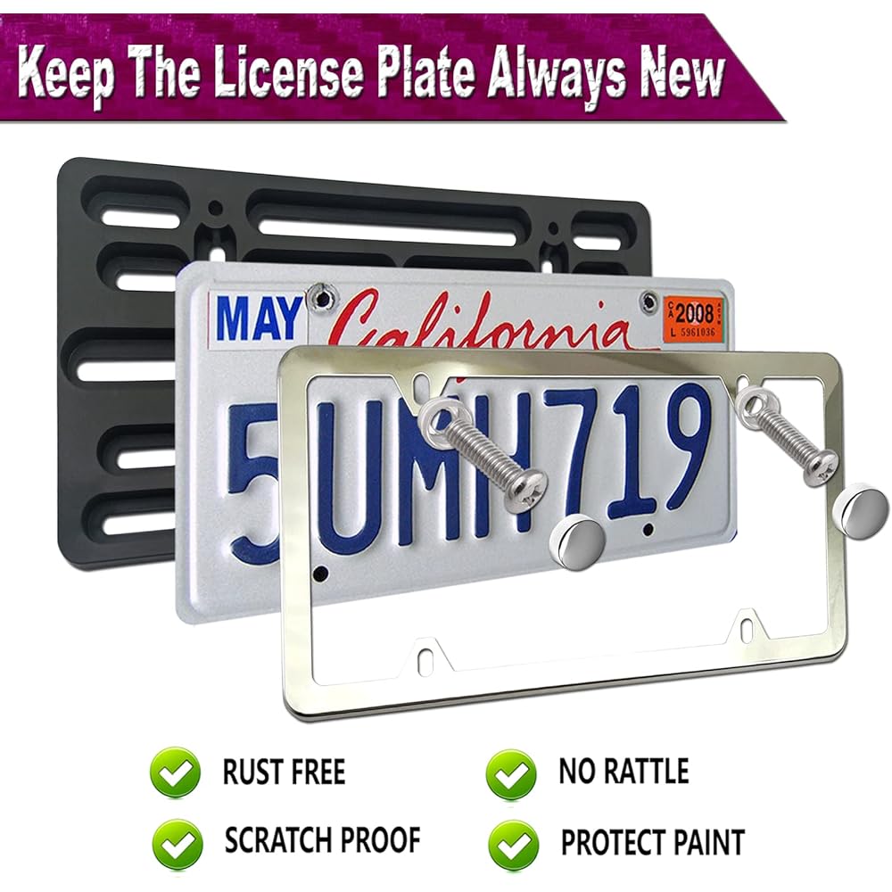 ZXFOOG Front Numbers Plate Mounting Kit -Front Bumper Rubber Plate Bracket & Stainless Steel Cataga Frame Universal Drill Hole No required vehicle/Truck/Trailer Screw Cap with Gala Prevention Pad