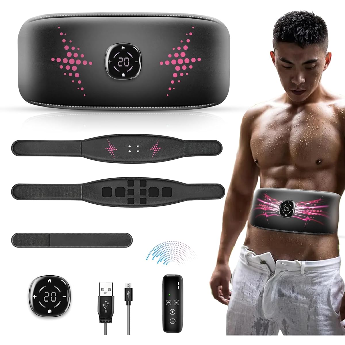 Abs Belt EMS Abs Belt No Else Sheet Required Strong Model 10 Types of Modes 10 Pieces of Conductive Cloth 20 Levels of Strength Added Extension Belt Unisex USB Rechargeable Japanese Instruction Manual