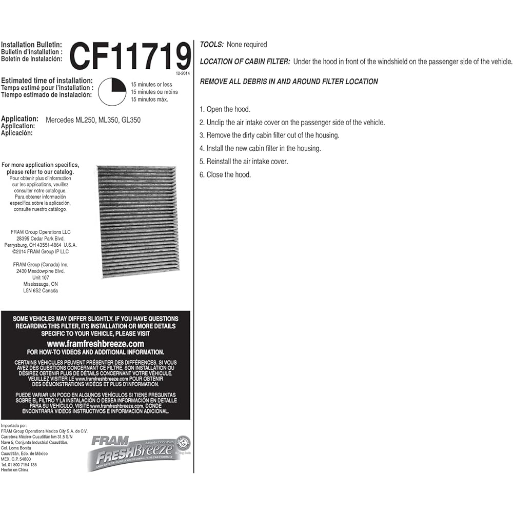 Fram Fresh Breeze Cabin Air Filter Arm & Hammer Baking Soda CF111719 For Mercedes -Benz car