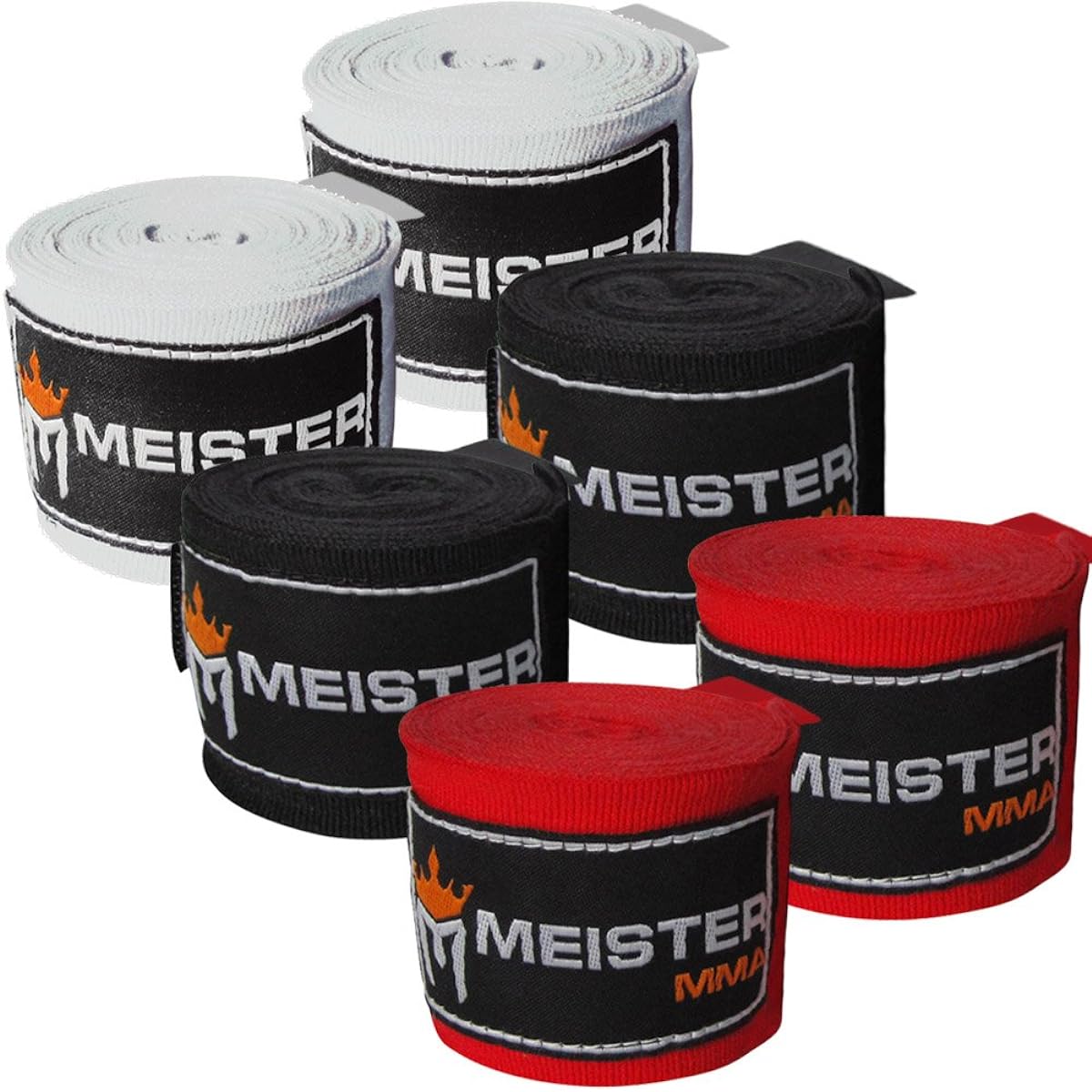 MMA Boxing Diet Genuine Meister 450cm Elastic Cotton Bandage (3 Pairs) - Red, Black, White