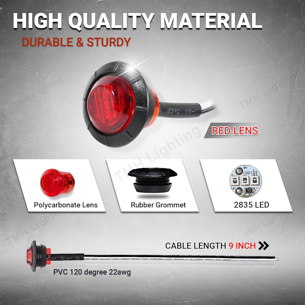 TMH 50 pieces 3/4 inch mount red LED clearance marker light side marker light LED marker light Light LED trailer marker light trailer light