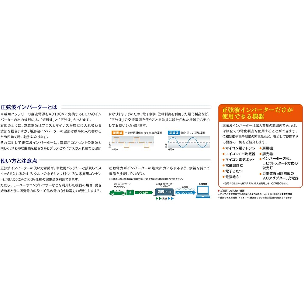 CELLSTAR Sine wave inverter SI-1500/12 Rated output 1,200W (Max. 1,500W) USB (Rated 2.4A) Cord length 2.0m For 12V cars only CELLSTAR