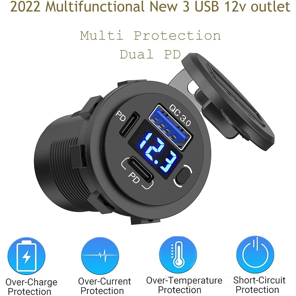 12V USB Outlet Dual USB C Charge Charger Socket & Quick Charge 3.0 Port Voltometer and Power Switch For Boat Marine Truck