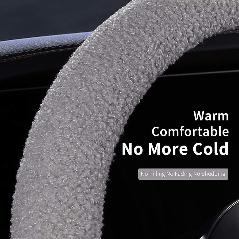 Furry Winter Handle Cover Ladies Girls Soft Short Plash Warm Girley Automobile Interior Accessory Jeep Track F150 Universal Slipping Gray Fazi 15 inch L Size [15 inch 1/2 ~ 16 inches (39 ~ 41cm)