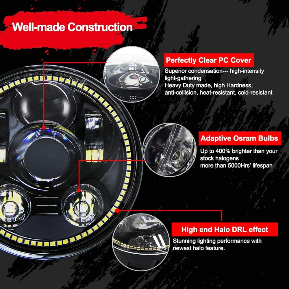 Wisamic 5-3 / 4" 5.75" Headlight LED - Compatible with Halo DRL Halo Black