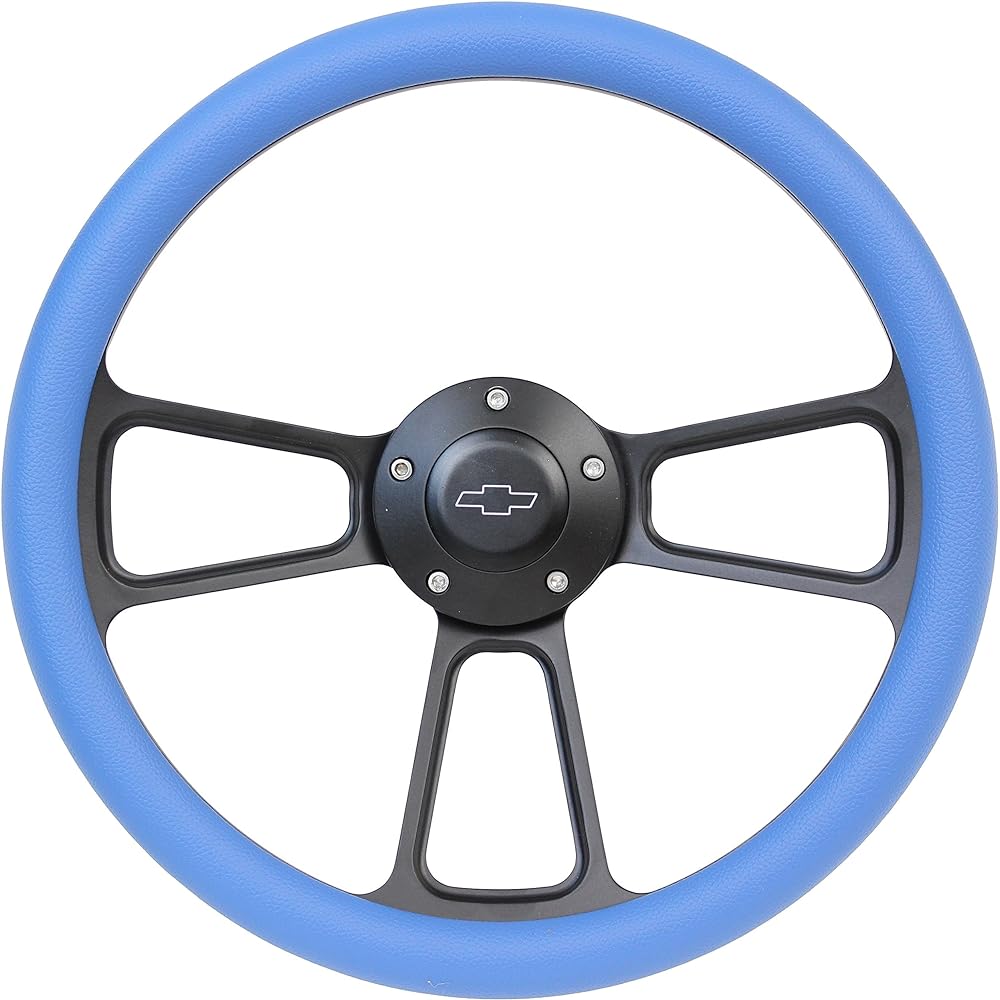 ForeverSharp 5 Bolt Black Black Teering Wheel 14 inch Aluminum Black Vinyl Lap and Chevrolet Horn button