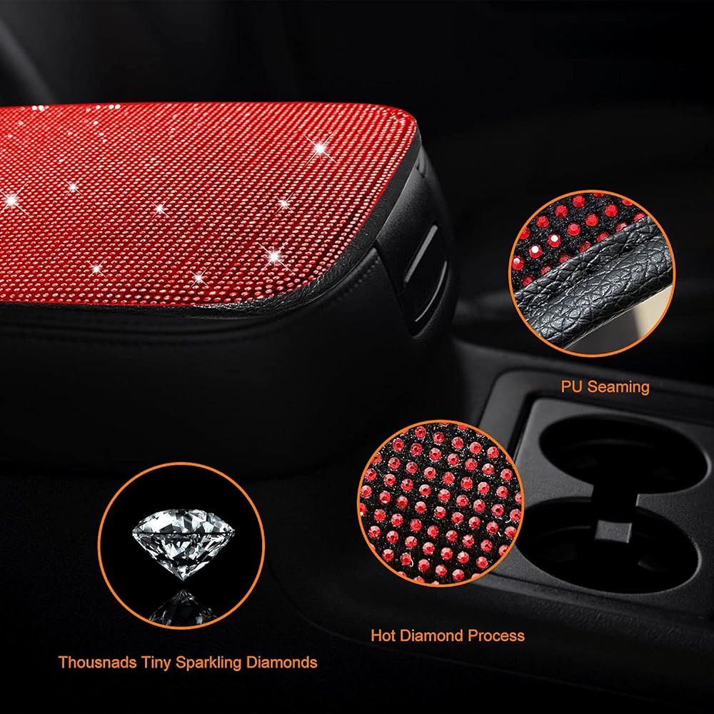 IDOGLIITTE+ glittering glittering rhinestone car decoration Premium Crystal Rear View Mirror Auto Center Console Protection Cover Diamond Leather Handle Coaster 2 Push Start Button Cover Red 6 Pack